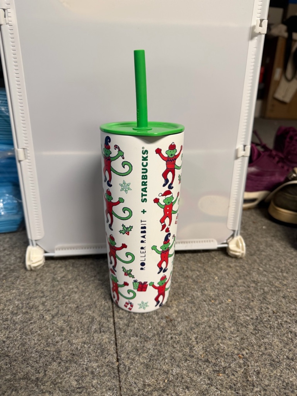Starbucks White Tumbler with Green Lid and Holiday Rabbit Print